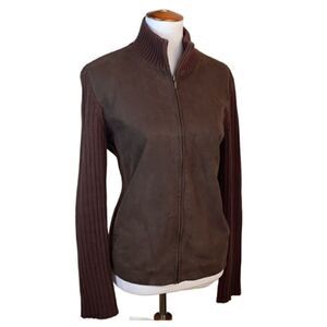 Jones New York Sport Brown Suede Mixed Media Full Zip Jacket (Size: Large)